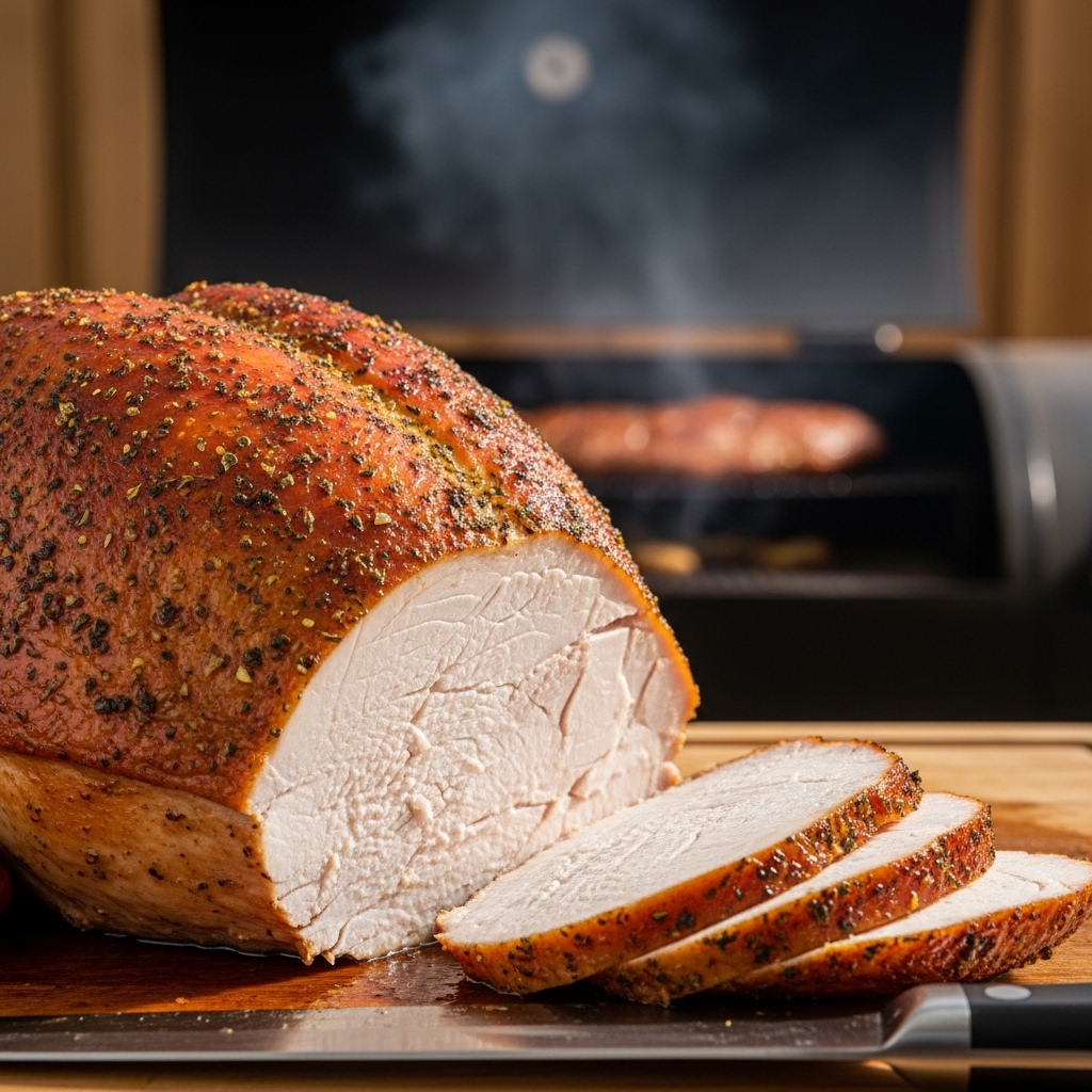 A close-up of a perfectly smoked, juicy turkey breast with crispy skin on a carving board, showcasing the final result of this recipe.