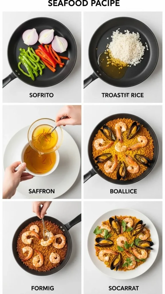 A six-part visual collage showing the key steps of making paella: making sofrito, toasting rice, adding broth, adding seafood, achieving socarrat, and the final dish.
