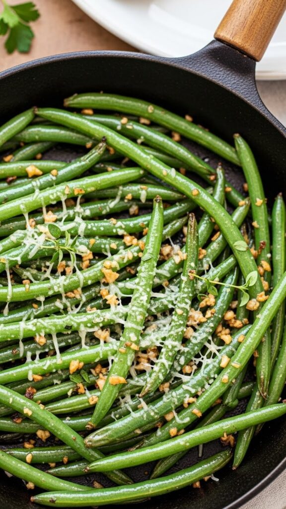 Garlic parmesan green beans topped with toasted almonds in elegant serving bowl