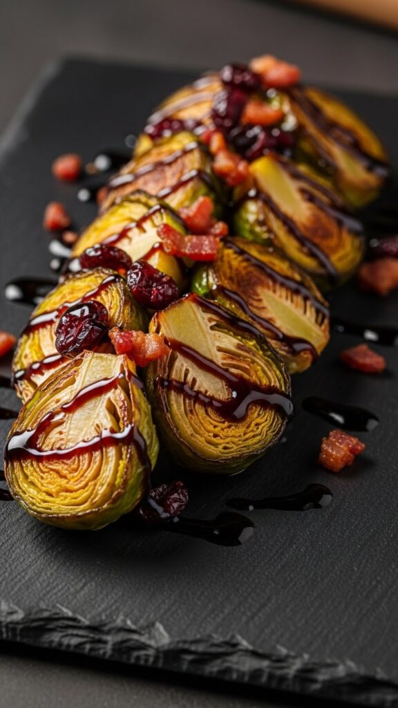 Roasted Brussels sprouts with balsamic glaze, bacon bits, and cranberries on dark slate plate