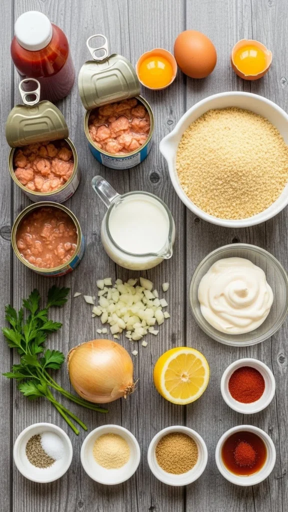 Ingredients for a moist salmon loaf recipe: canned salmon, breadcrumbs, eggs, milk, and seasonings.