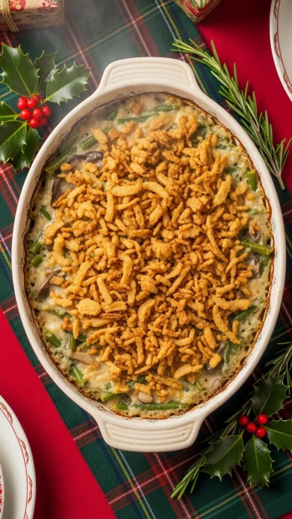 Green bean casserole with crispy fried onion topping and creamy mushroom sauce in casserole dish