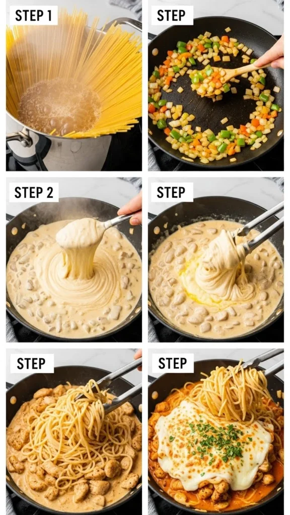 Follow these 5 simple steps to create the perfect chicken spaghetti recipe - from boiling pasta to the final cheesy, golden-topped masterpiece.