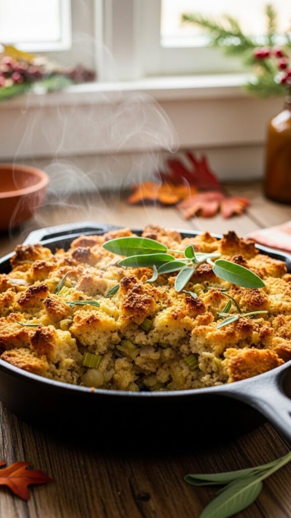 Traditional sage stuffing with golden crispy top and fresh herbs in cast iron skillet