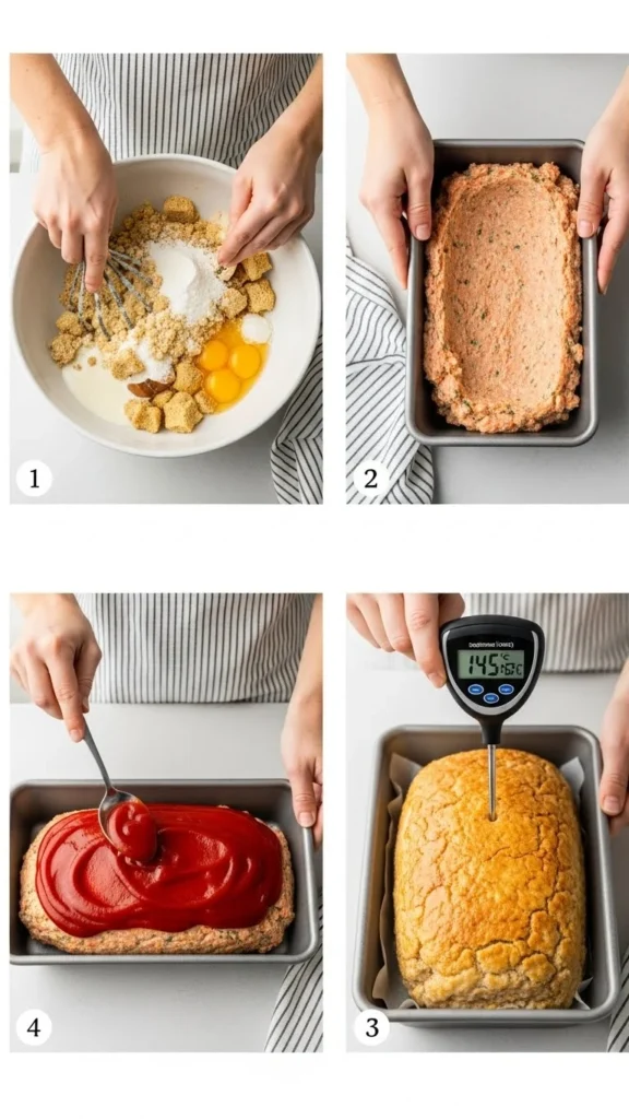 Step-by-step guide for salmon loaf: mix ingredients, shape loaf, add glaze, bake to 145°F.