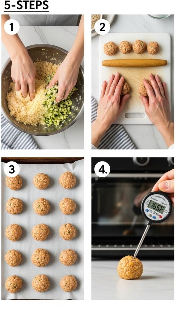 Step-by-step guide for chicken meatballs recipe: mix, roll, arrange on pan, bake to 165°F.