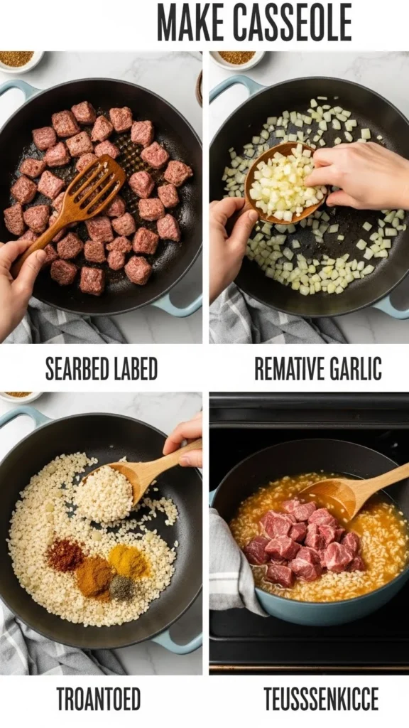 Step-by-step guide for Lamb and Rice Casserole: sear lamb, cook onions, toast rice, bake.
