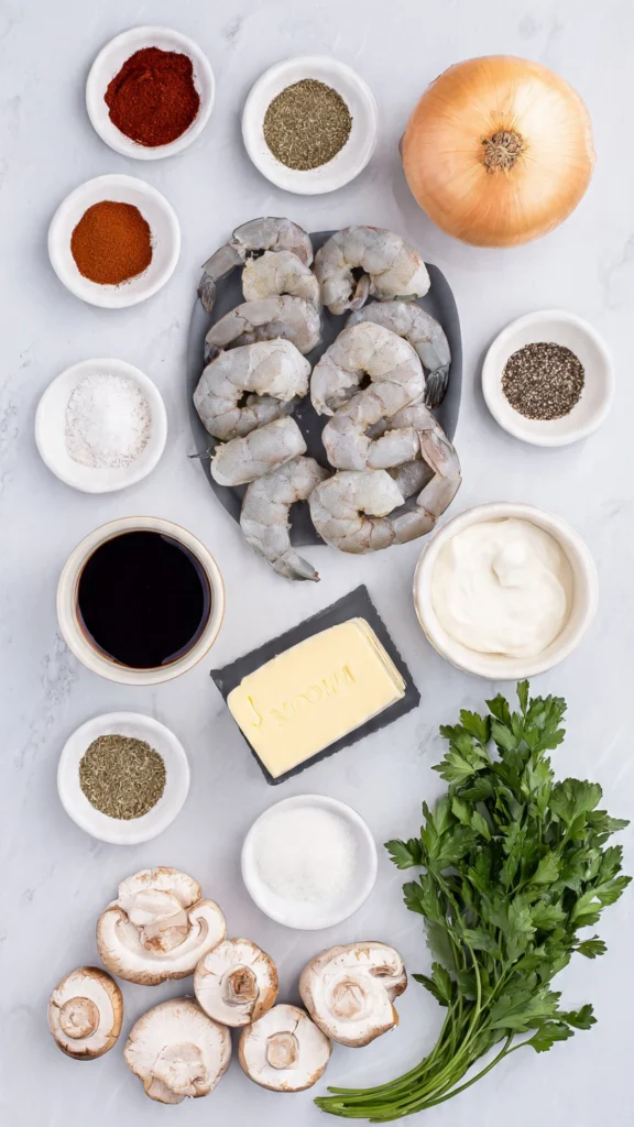 Ingredients for Creamy Blackened Shrimp Stroganoff