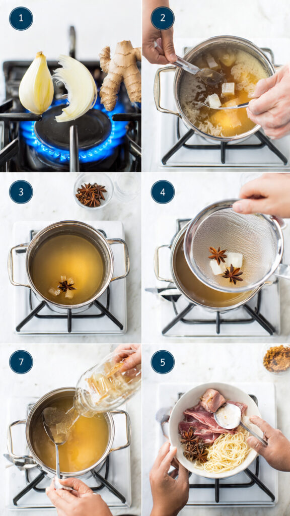 A visual guide showing the 5 essential steps to create this pho, from charring aromatics to the final assembly.
