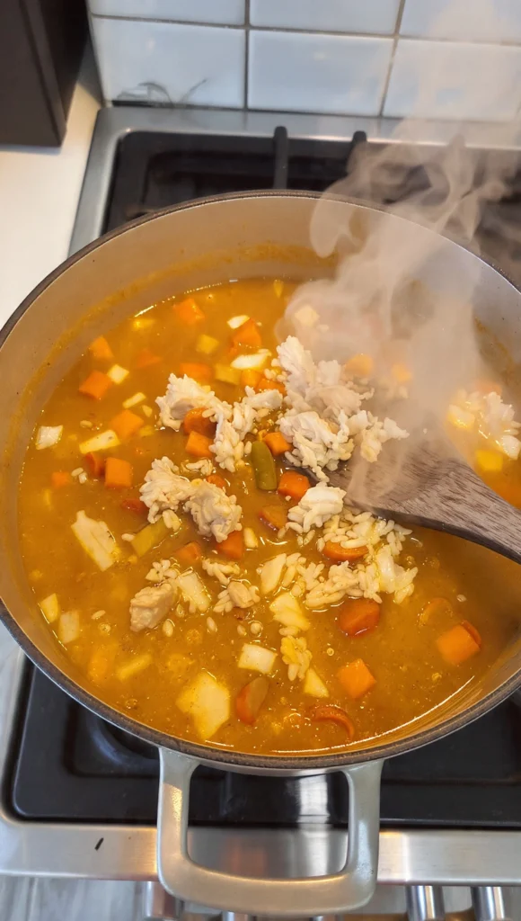 The final simmering stage of the Best Chicken and Rice Soup Recipe, where all the flavors meld together in one pot. Ready in just 35 minutes of cook time.