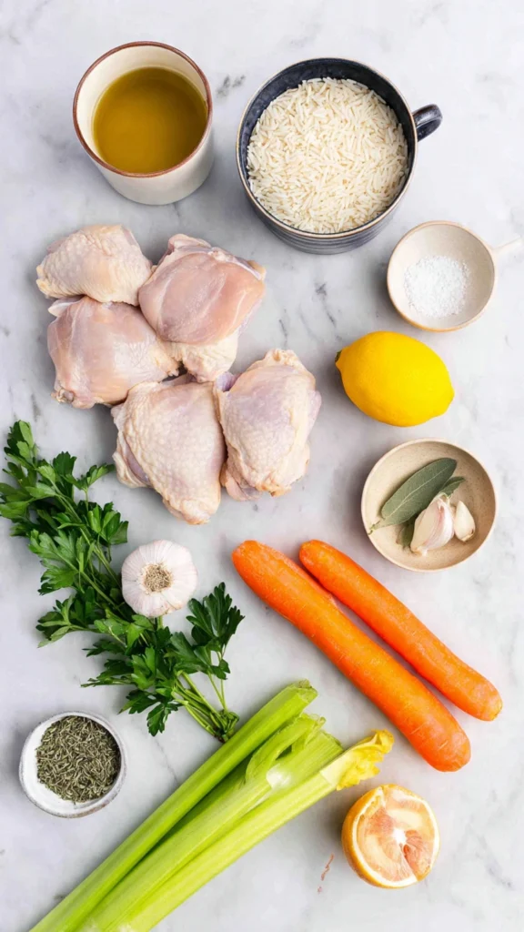 All the simple, fresh ingredients you need to make the Best Chicken and Rice Soup Recipe: chicken, rice, vegetables, and herbs.