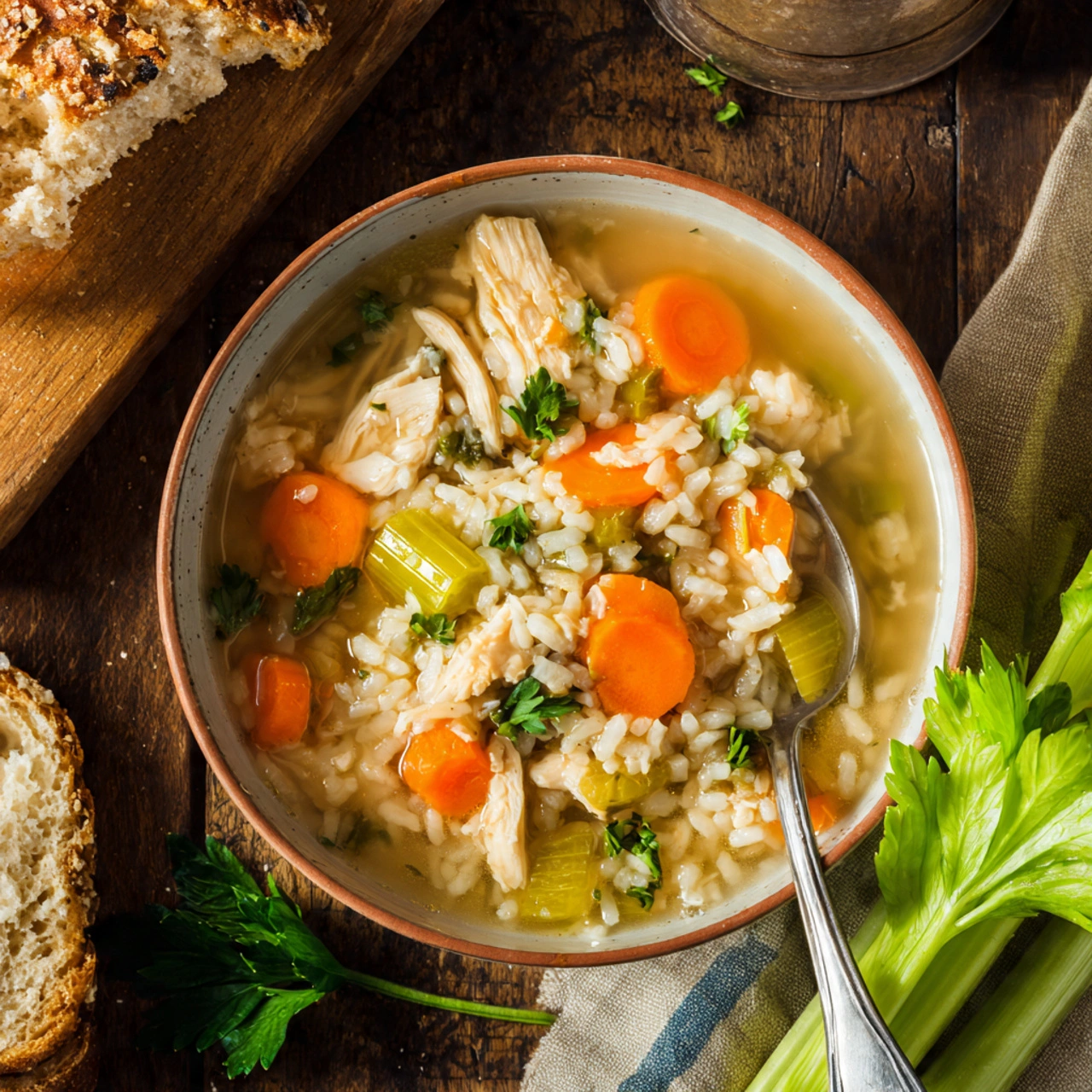 A steaming bowl of our Best Chicken and Rice Soup Recipe, perfect for a quick and cozy dinner. Tender chicken, fluffy rice, and fresh vegetables in a savory broth.
