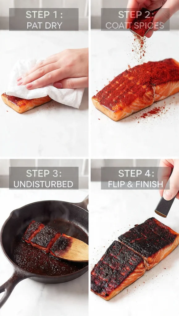 A four-part collage illustrating the essential steps: drying the salmon, applying the spice rub, searing in a hot pan, and flipping.