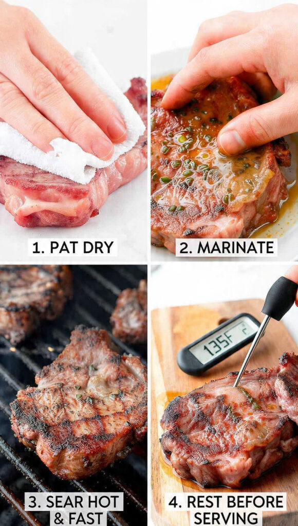 A single image divided into four parts, visually explaining the crucial stages of the grilling process.