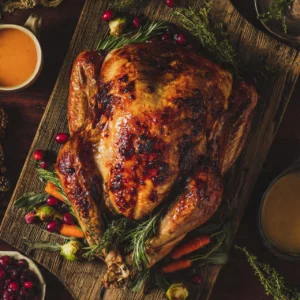 The finished, perfectly roasted golden turkey presented on a carving board with festive holiday garnishes and sides.