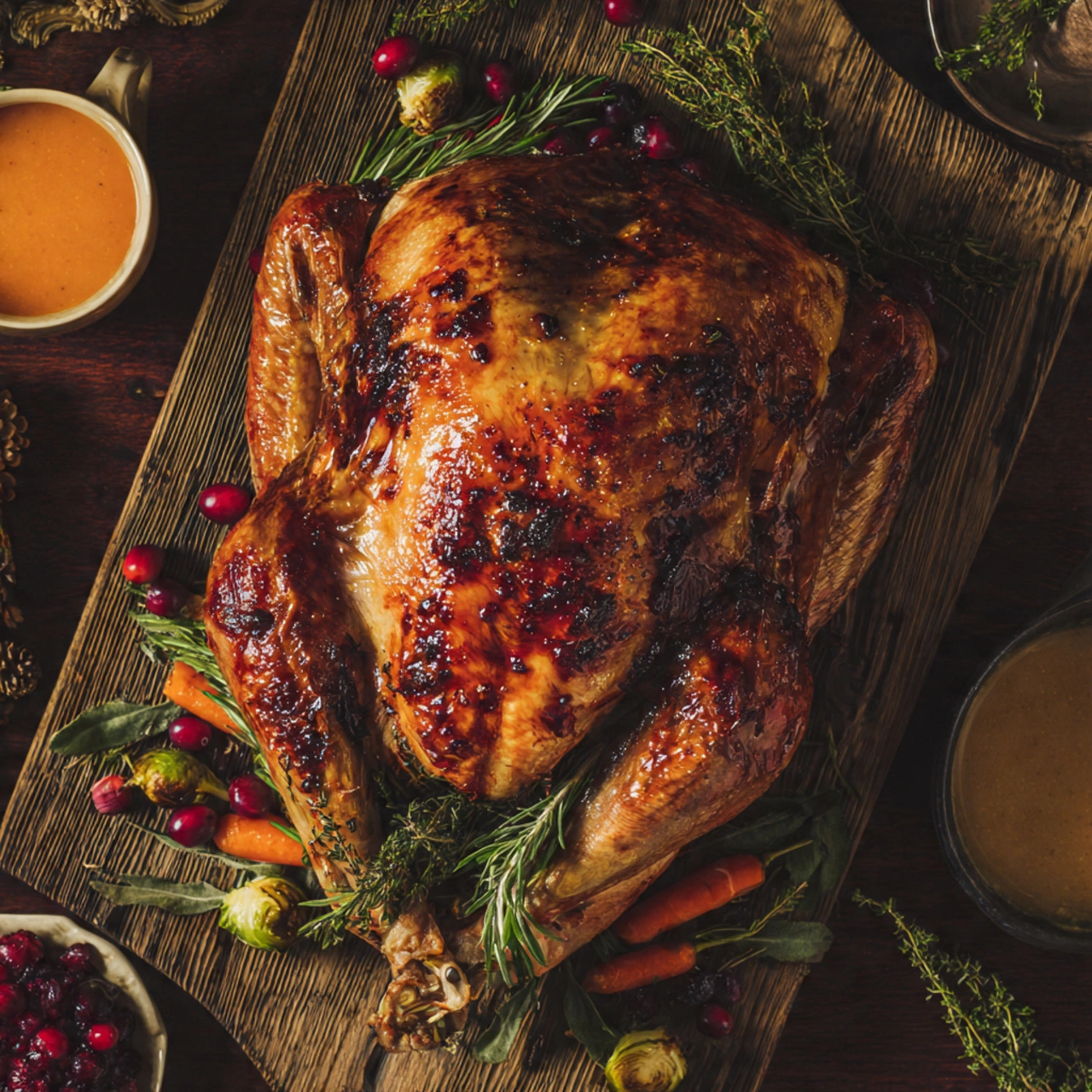 The finished, perfectly roasted golden turkey presented on a carving board with festive holiday garnishes and sides.