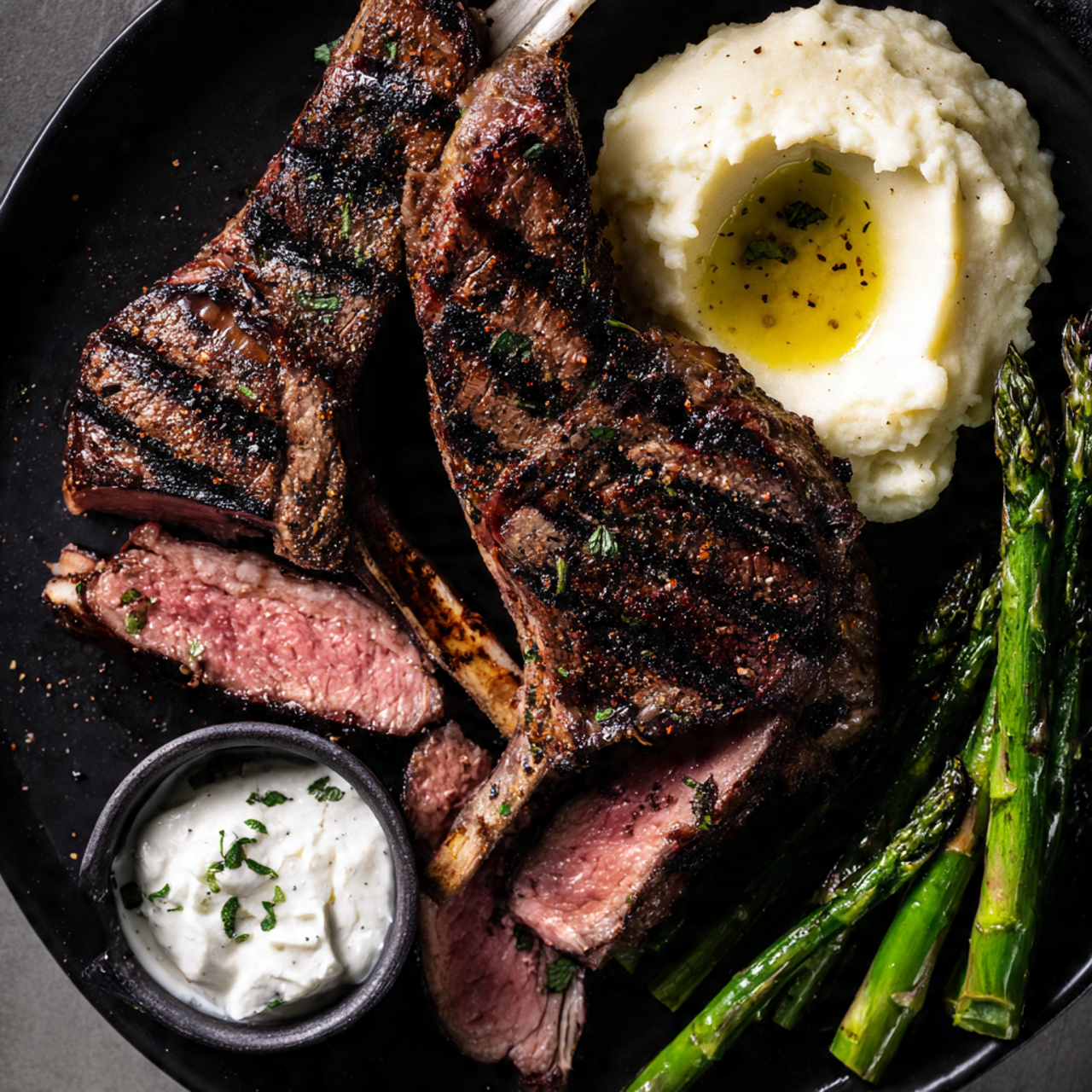 A stunning overhead shot of the final dish on a plate, showcasing the ideal sear and doneness.