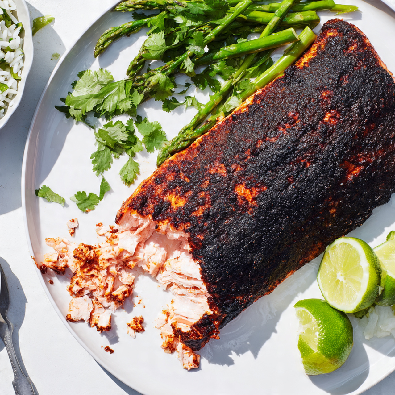 A close-up, mouth-watering shot of the finished spicy blackened salmon dish, plated with fresh sides.
