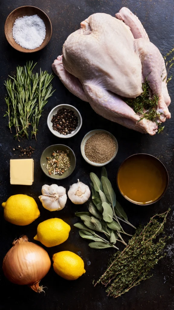 A styled flat-lay of all the whole, fresh ingredients needed to prepare and roast a holiday turkey.