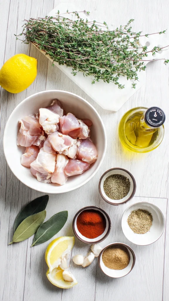 A flat lay of fresh ingredients for making Cava-style chicken, including chicken, lemon, olive oil, garlic, and dried spices.