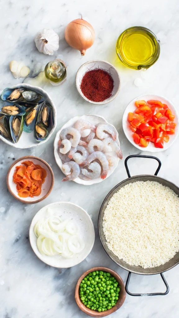 A flat lay of all fresh ingredients needed for the Seafood Paella Recipe, including rice, saffron, shrimp, mussels, and fresh vegetables.