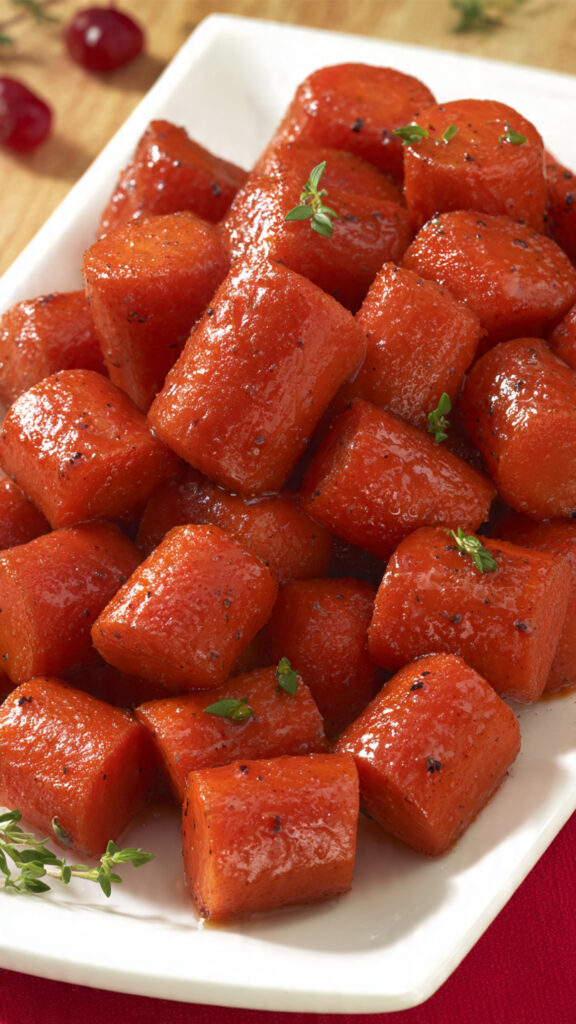 Honey glazed roasted carrots with caramelized edges and fresh thyme garnish on white serving platter