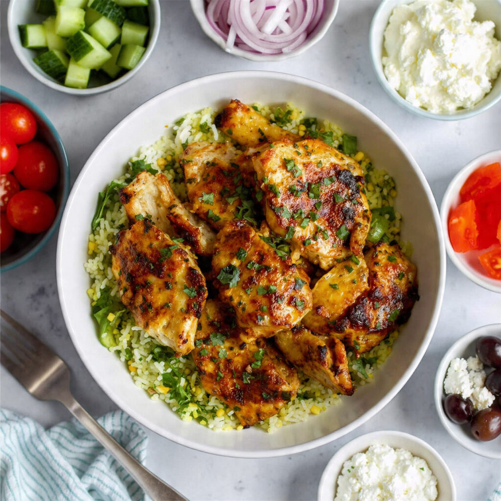 An overhead photo of a vibrant Mediterranean bowl with lemon-herb chicken, rice, and fresh toppings like cucumbers, tomatoes, and tzatziki.