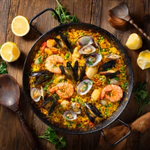 A vibrant, overhead photo of a perfectly cooked seafood paella in a traditional pan, featuring shrimp, mussels, and saffron rice, representing the finished dish from this recipe.
