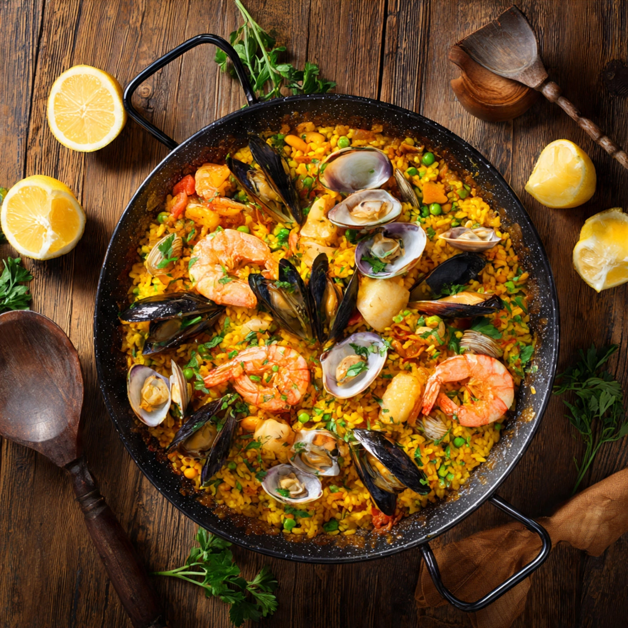 A vibrant, overhead photo of a perfectly cooked seafood paella in a traditional pan, featuring shrimp, mussels, and saffron rice, representing the finished dish from this recipe.