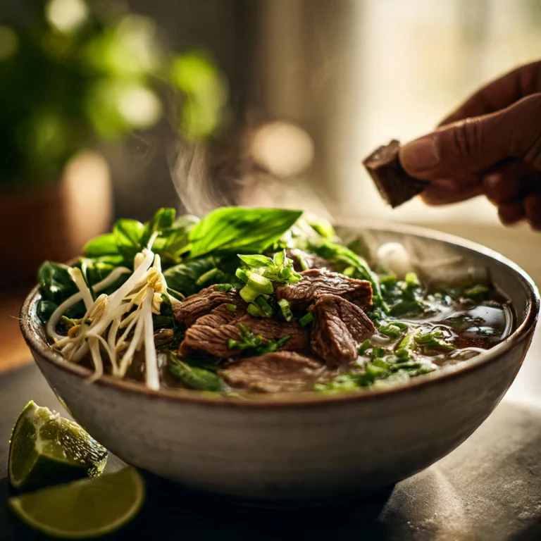 A photorealistic image of a steaming bowl of beef pho with fresh herbs, with a beef bouillon cube held above it, illustrating the key ingredient for this easy recipe.