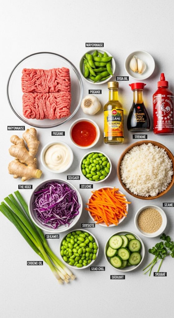 Fresh Ingredients for Ground Turkey Rice Bowls with Bang Bang Sauce