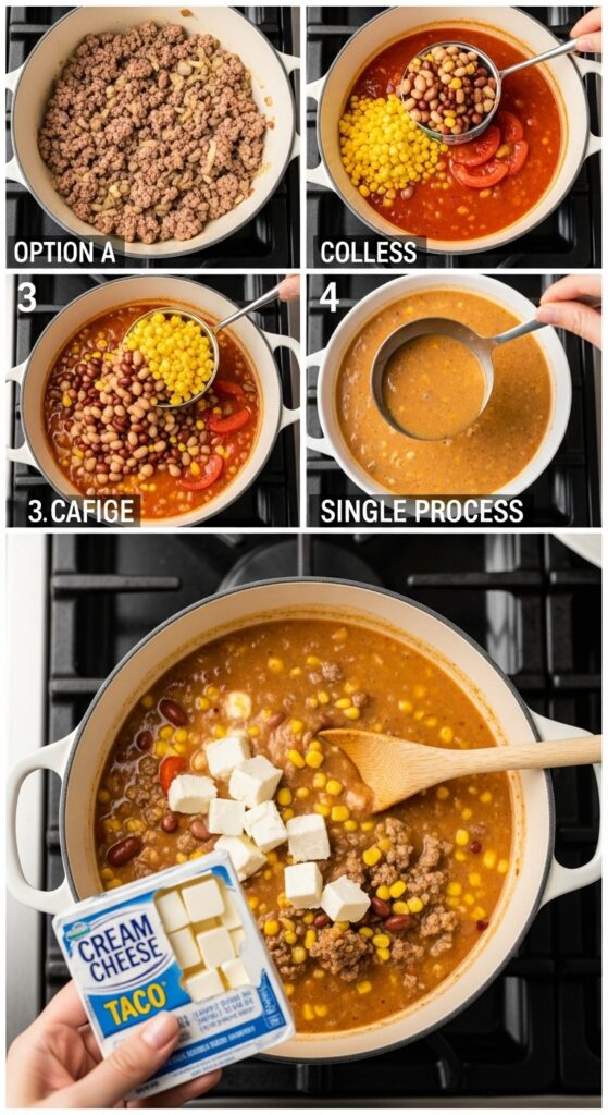A hand stirring a pot of creamy taco soup on the stovetop, showing the melting cream cheese and all the combined ingredients.