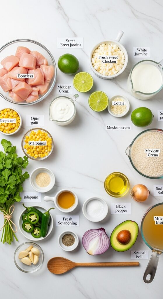 All Ingredients for Street Corn Chicken Rice Bowl Laid Out and Organized