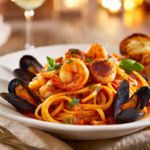 A close-up of delicious Seafood Bucatini Fra Diavolo with shrimp, scallops, and spicy