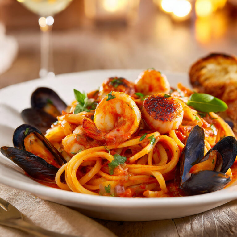 A close-up of delicious Seafood Bucatini Fra Diavolo with shrimp, scallops, and spicy
