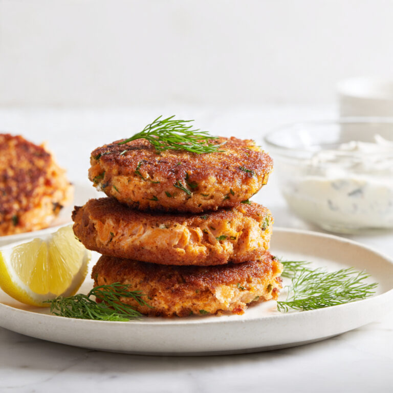 A stack of crispy Flavorful Salmon Cakes garnished with lemon and fresh dill on a white plate.