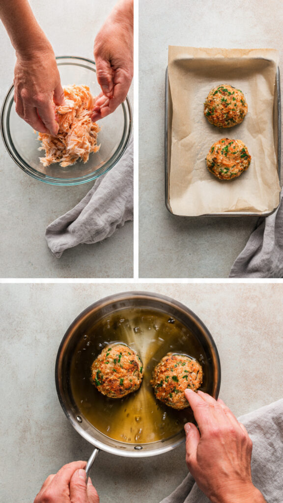 Step-by-step process of mixing, chilling, and frying Flavorful Salmon Cakes in a skillet.