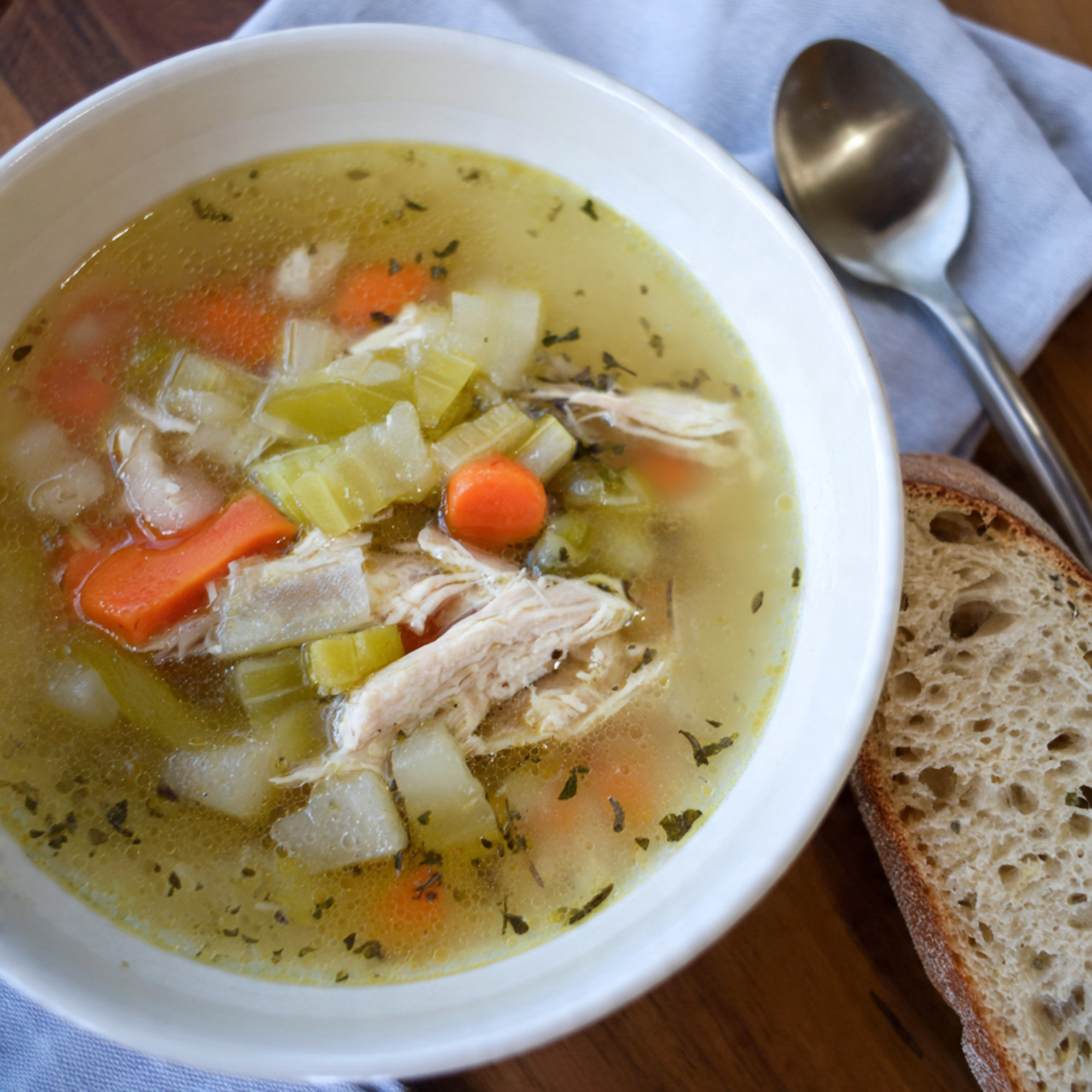 A hearty bowl of Leftover Turkey Soup garnished with fresh parsley and steam rising.