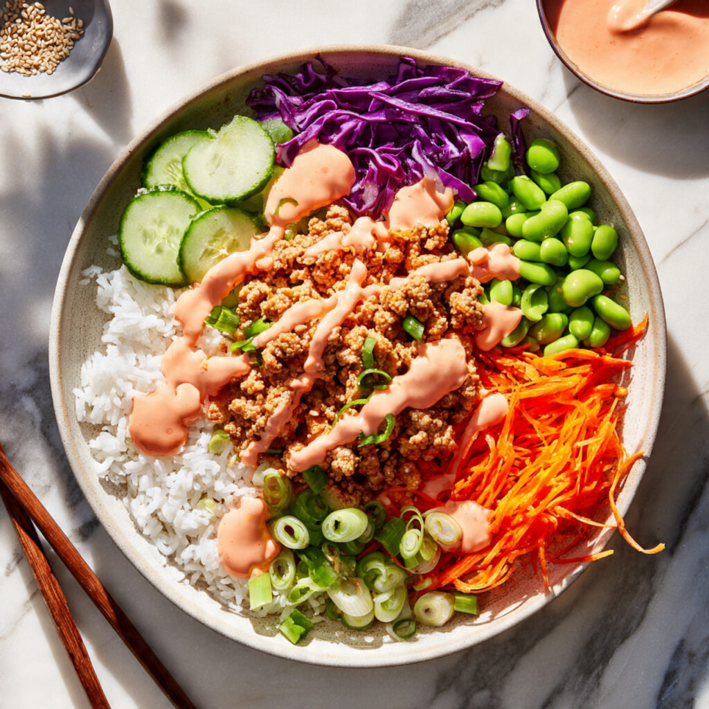 Ground Turkey Rice Bowls with Bang Bang Sauce - Quick Asian Fusion Dinner