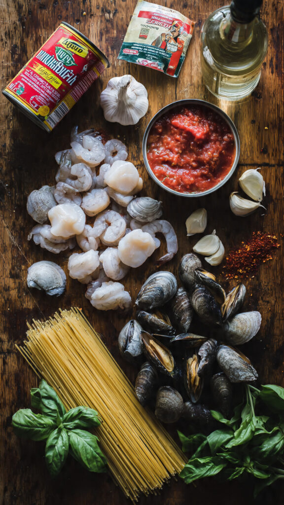 Fresh raw ingredients for Seafood Bucatini Fra Diavolo including shrimp, scallops, mussels, and pasta.