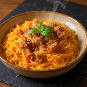 A close-up bowl of Creamy High Protein Beef Pasta garnished with fresh basil and parmesan cheese.