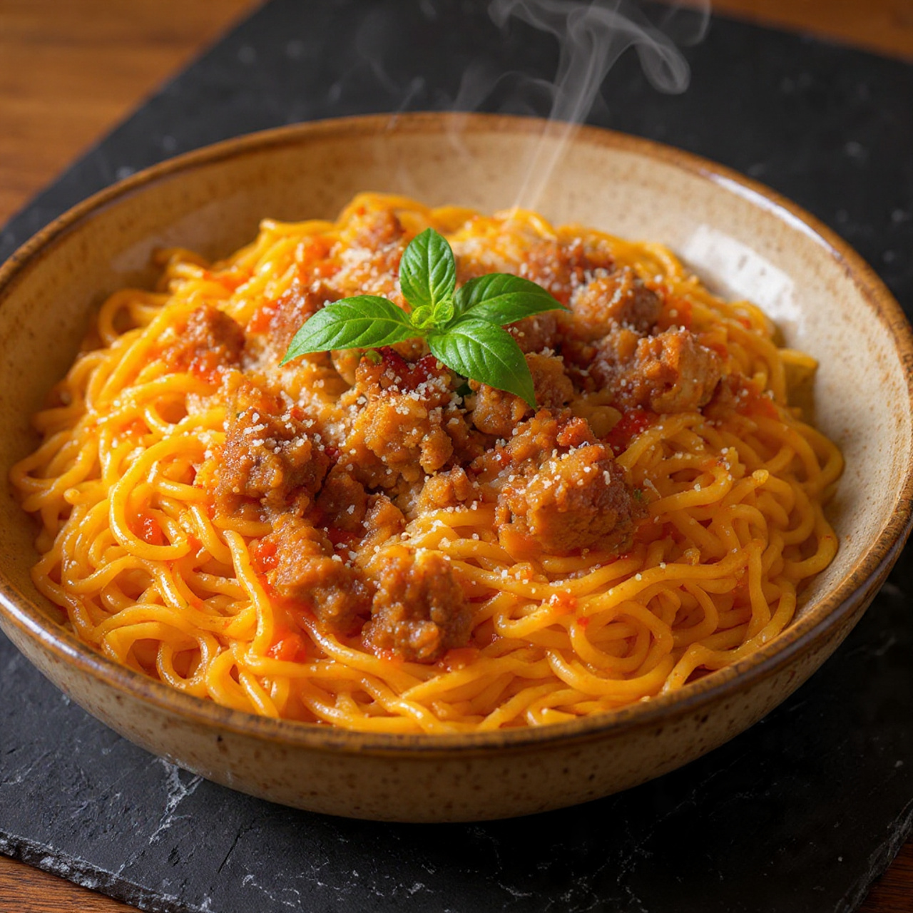 A close-up bowl of Creamy High Protein Beef Pasta garnished with fresh basil and parmesan cheese.