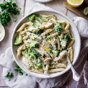 Creamy Rotisserie Chicken Broccoli Pasta in White Bowl