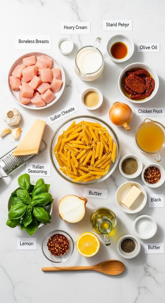 All Ingredients for Marry Me Chicken Pasta Recipe Laid Out and Organized