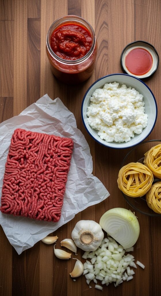 Fresh ingredients displayed on a wooden table including lean beef, cottage cheese, and pasta for the Creamy High Protein Beef Pasta recipe.