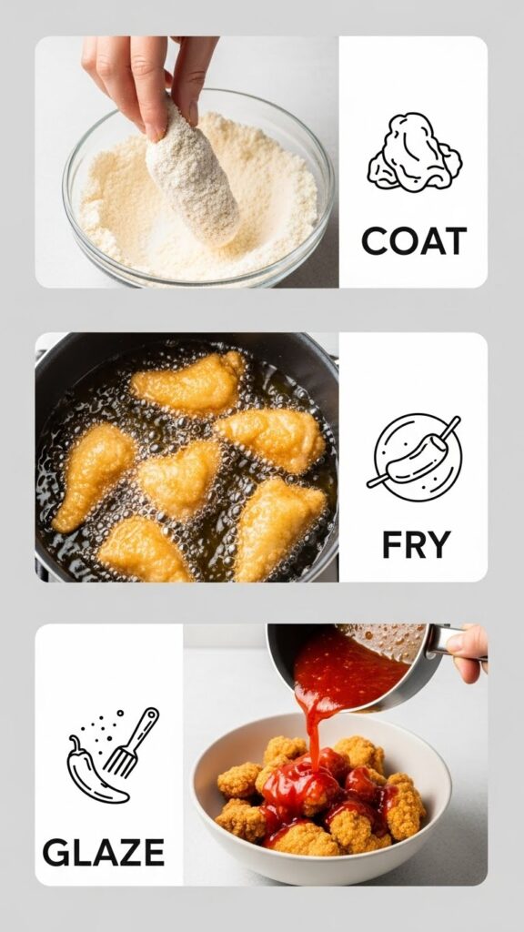 How to Make Crispy Sweet Chilli Chicken: Coat, Fry, Glaze
