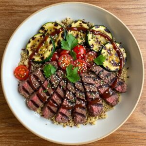 Grilled Steak Bowl With Sauce And Zucchini