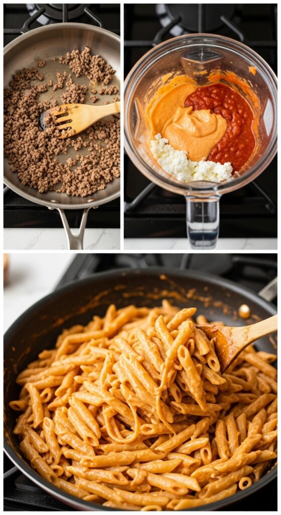 A step-by-step collage showing beef browning, sauce blending, and the final mixing of the Creamy High Protein Beef Pasta.