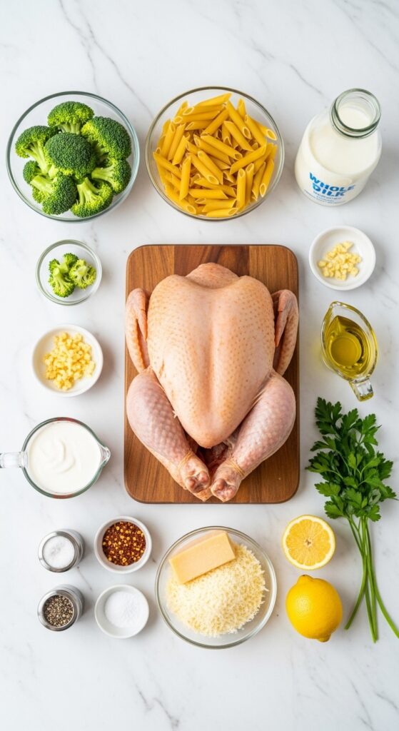 Fresh Ingredients for Creamy Rotisserie Chicken Broccoli Pasta