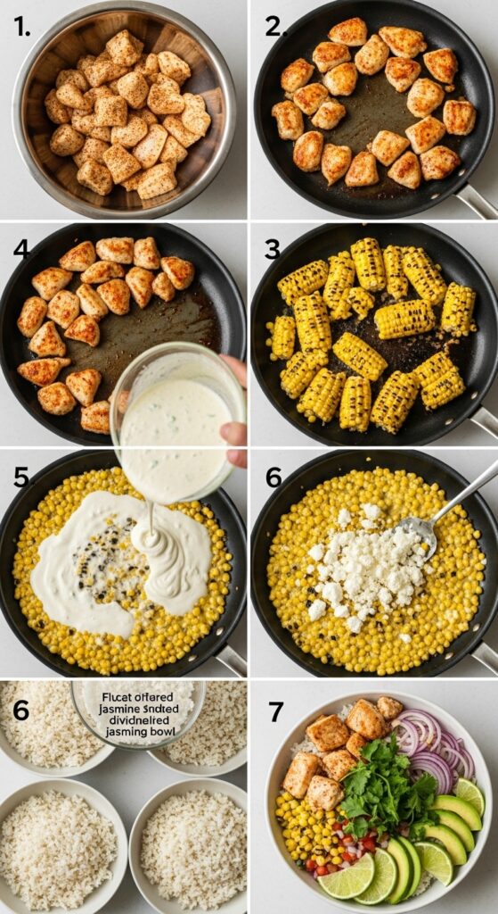 Street Corn Chicken Rice Bowl: Complete 7-Step Cooking Process Visualization